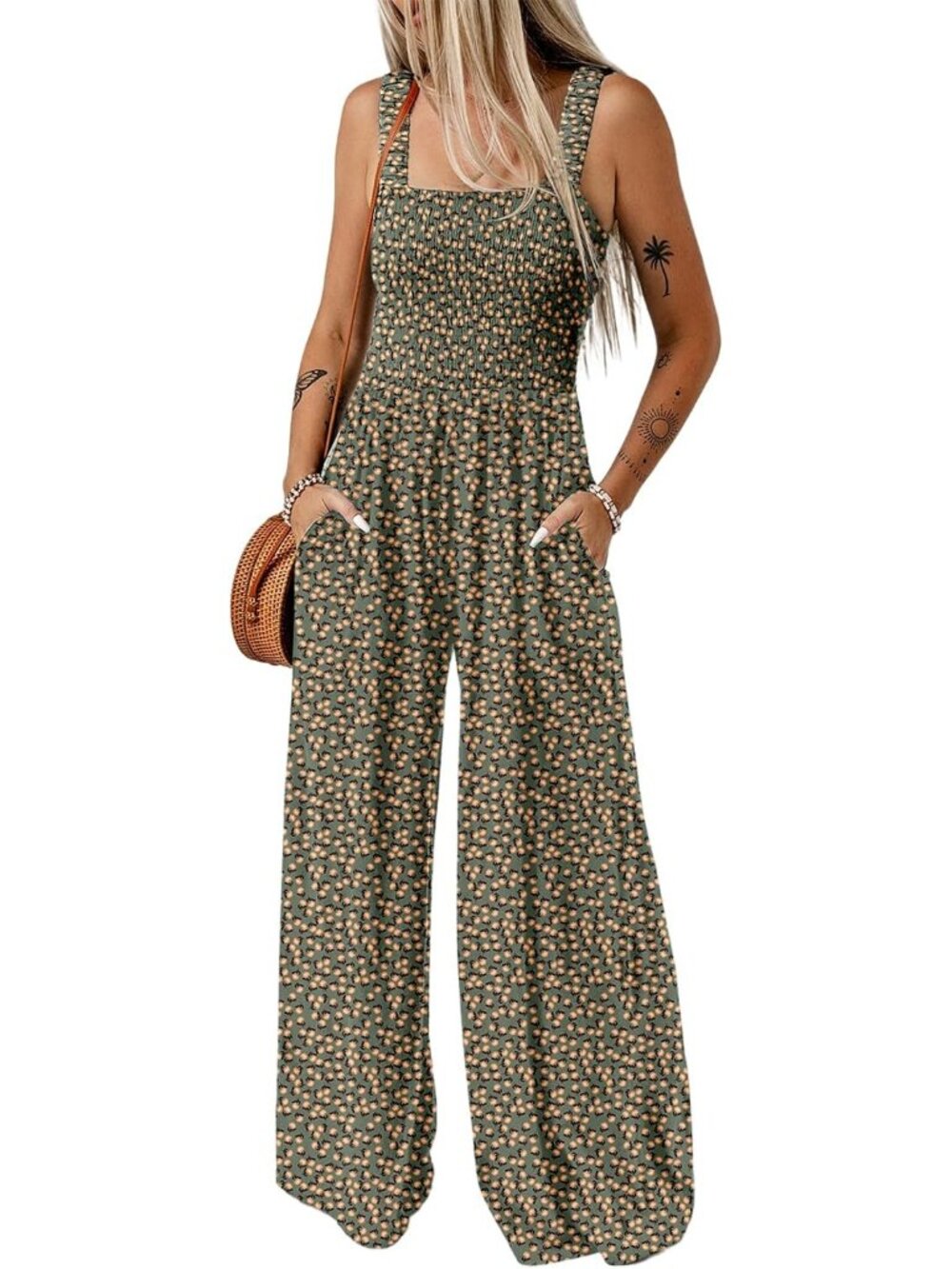 Women's Green Summer One Piece Sleeveless Loose Overalls Jumpsuits Rompers